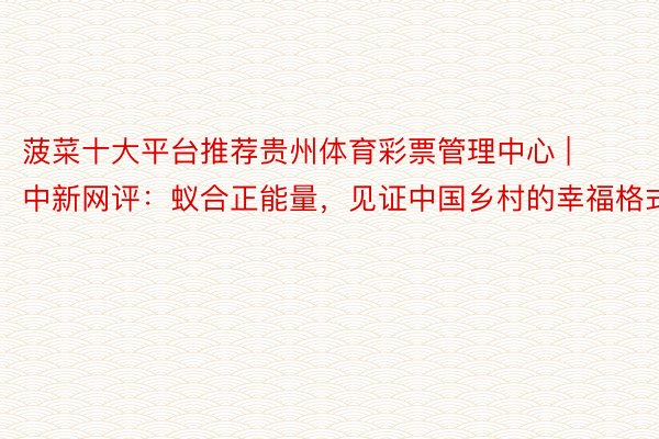 菠菜十大平台推荐贵州体育彩票管理中心 | 中新网评：蚁合正能量，见证中国乡村的幸福格式